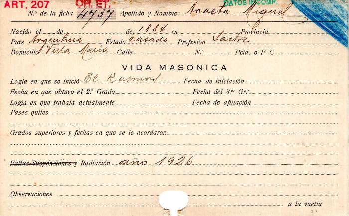 Ficha de miembro de Miguel Acosta.