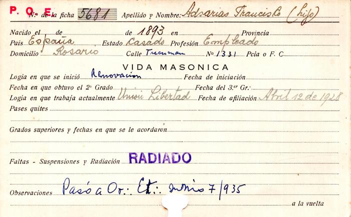 Ficha de miembro de Francisco Adsarías (hijo).