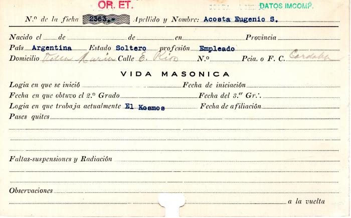 Ficha de miembro de Eugenio S. Acosta.
