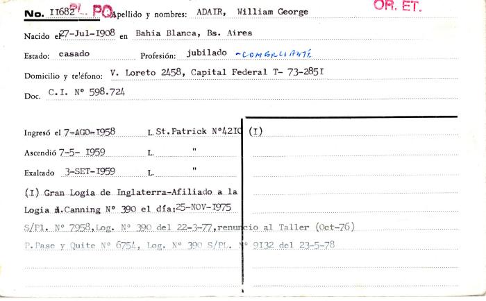 Ficha de miembro de Williams George Adair.