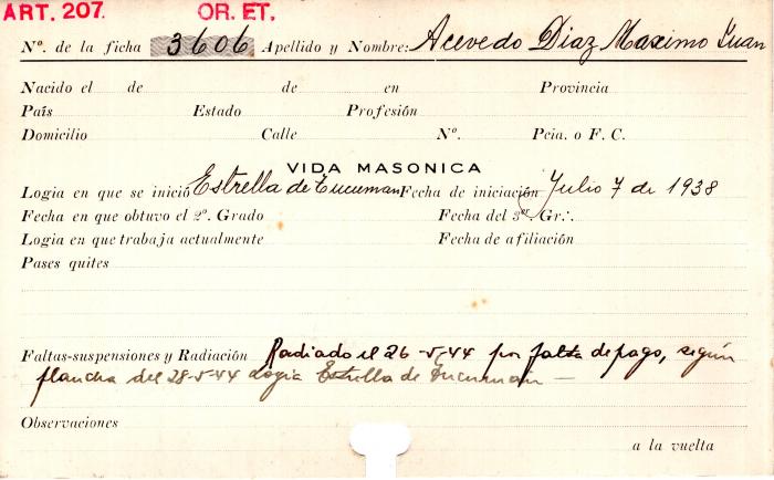 Ficha de miembro de Máximo Juan Acevedo Díaz.