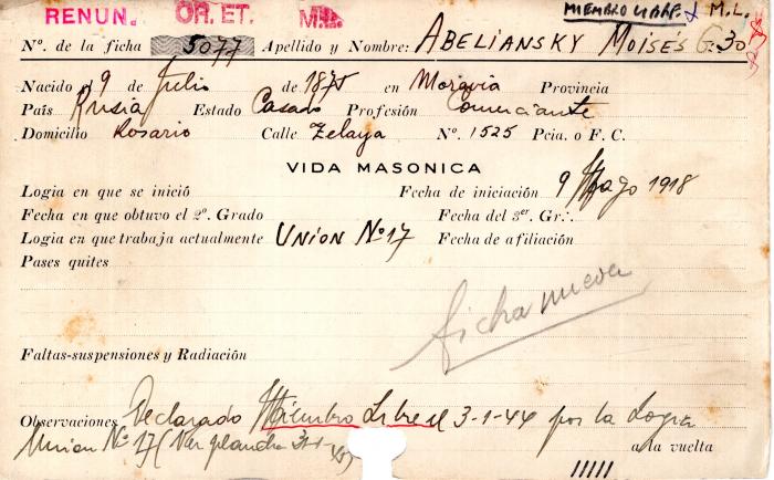 Ficha de miembro de Moisés Abeliansky.