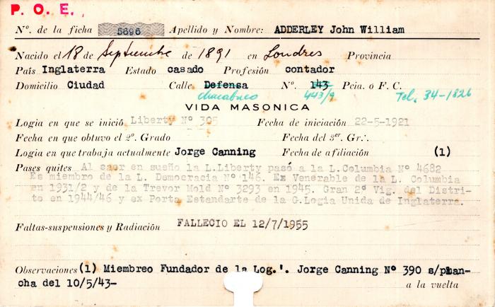 Ficha de miembro de John William Adderley.