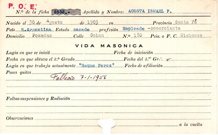 Ficha de miembro de Ismael P. Acosta.
