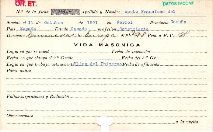Ficha de miembro de Francisco del Acebo