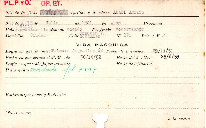 Ficha de miembro de Adolfo Abadi.