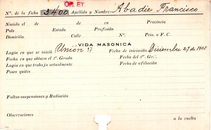 Ficha de miembro de Francisco Abadie.