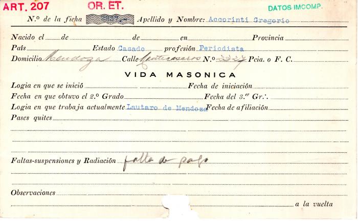 Ficha de miembro de Gregorio Accorinti.