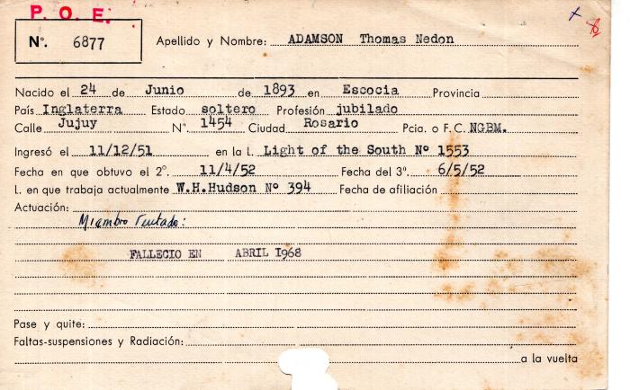 Ficha de miembro de Thomas Nedon Adamson.