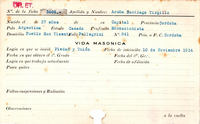 Ficha de miembro de Santiago Virgilio Acuña.