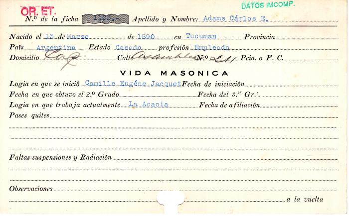 Ficha de miembro de Carlos E. Adams.