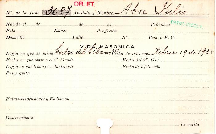 Ficha de miembro de Julio Abse.
