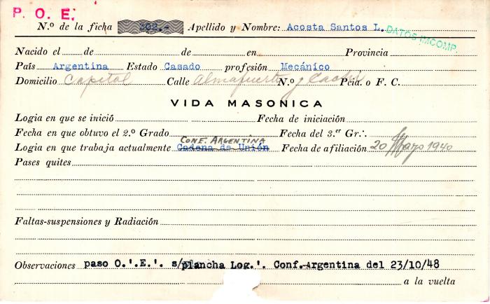 Ficha de miembro de Santos L. Acosta.