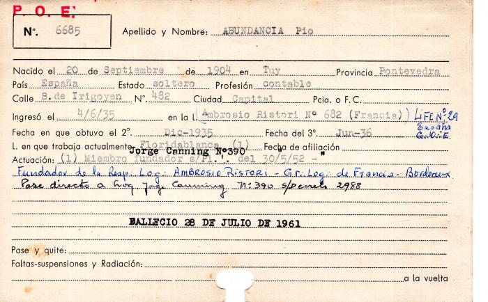 Ficha de miembro de Pio Abundancia.