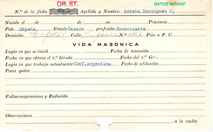 Ficha de miembro de Domínguez M. Acosta.