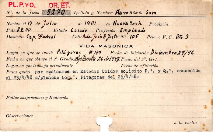 Ficha de miembro de Sam Aaronson.