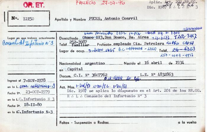 Ficha de miembro de Antonio Conrril Fucks.
