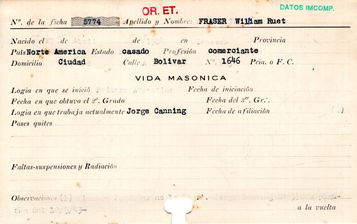 Ficha de miembro de William Ruet Fraser.