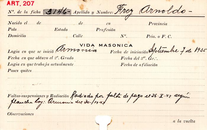 Ficha de miembro de Arnoldo Frey.