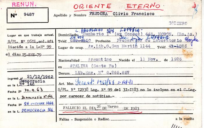 Ficha de miembro de Olivio Francisco Fregona.