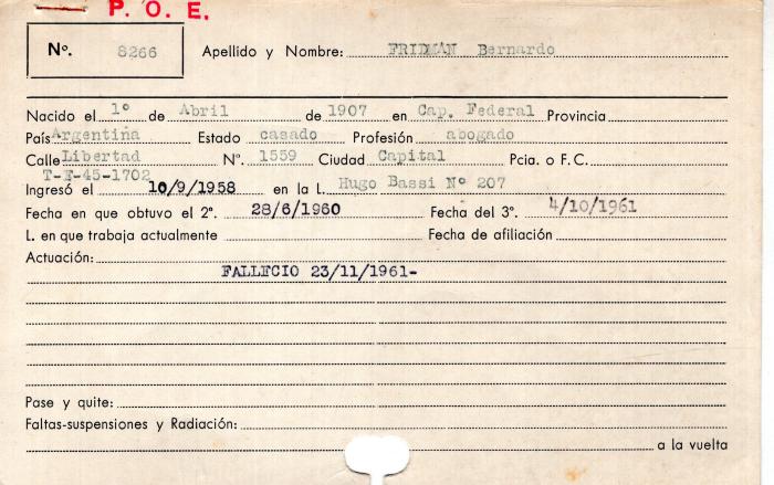 Ficha de miembro de Bernardo Fridman.