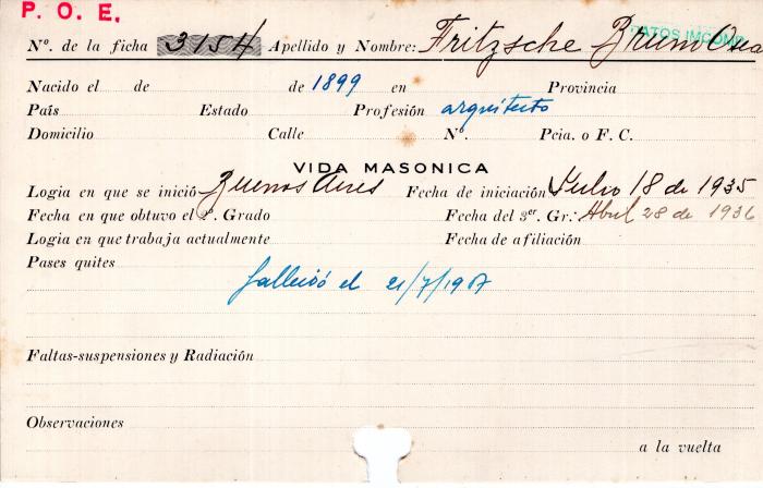 Ficha de miembro de Bruno Oscar Fritzsche.