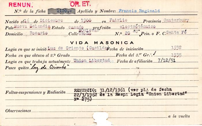 Ficha de miembro de Reginald Francis.