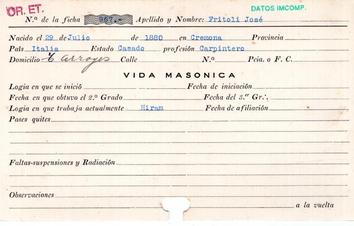 Ficha de miembro de José Fritoli.