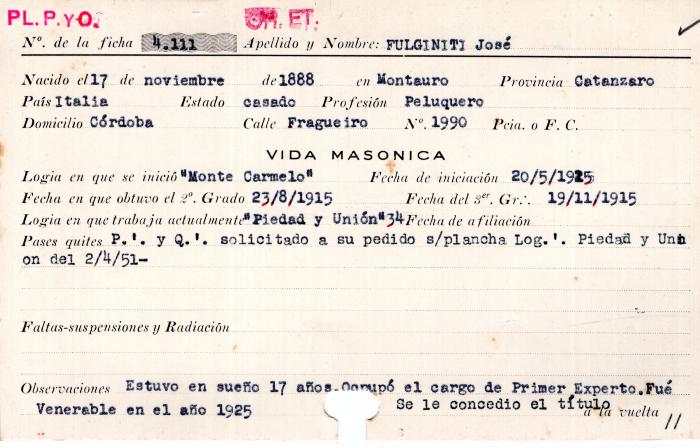 Ficha de miembro de José Fulginiti.