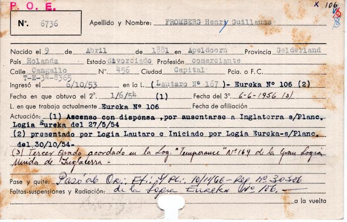 Ficha de miembro de Hery Guillaume Fromberg.