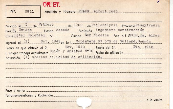 Ficha de miembro de Albert Reed Frame.