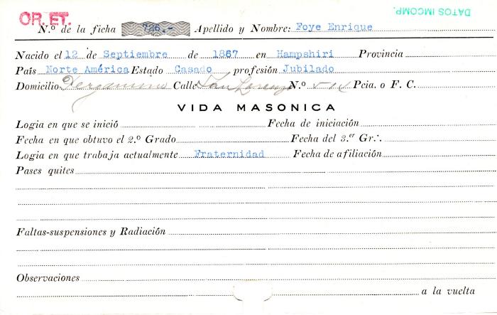 Ficha de miembro de Enrique Foye.