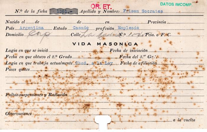 Ficha de miembro de Sócrates Frison.