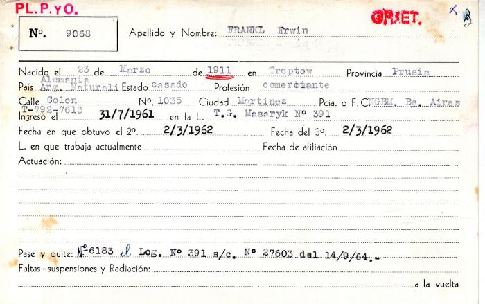 Ficha de miembro de Erwin Frankl.