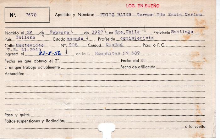 Ficha de miembro de German Udo Erwin Carlos Fritz Baier.