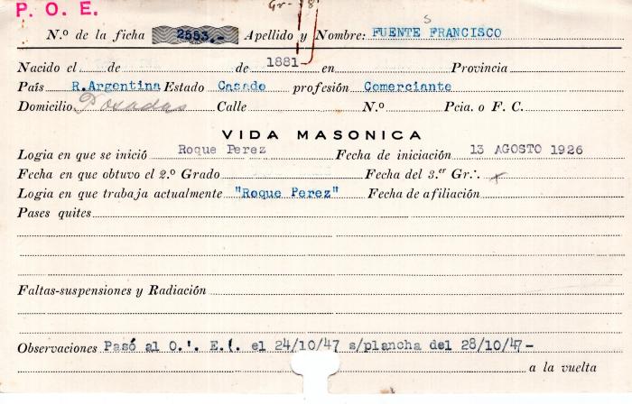 Ficha de miembro de Francisco Fuente (Fuentes?).