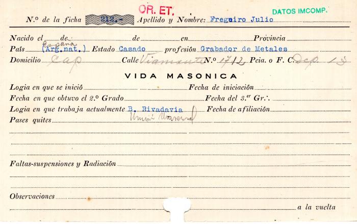 Ficha de miembro de Julio Fregeiro.