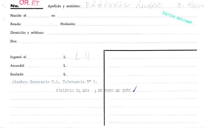 Ficha de miembro de Ricardo Fraenkel.