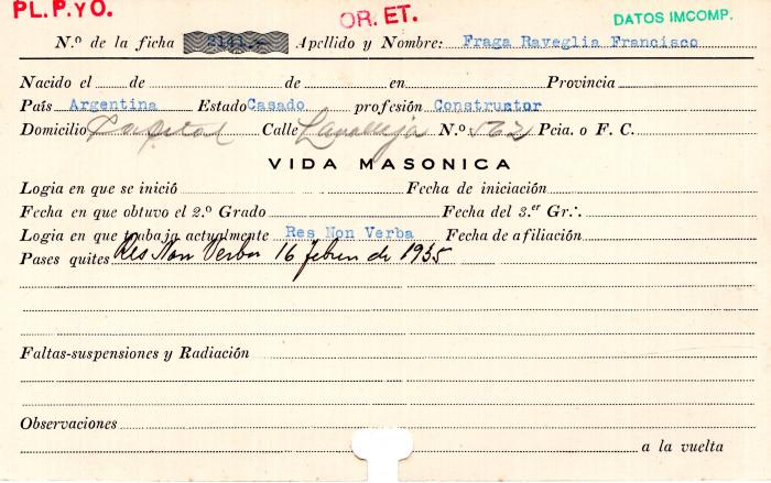 Ficha de miembro de Francisco Fraga Raveglia.