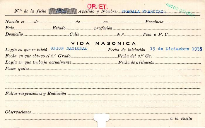 Ficha de miembro de Francisco Fragala.