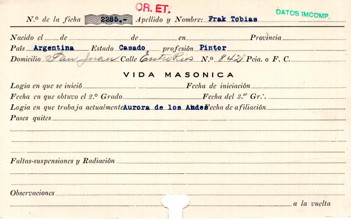 Ficha de miembro de Tobías Frak.