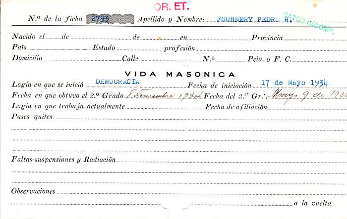 Ficha de miembro de Pedro H. Fournery.