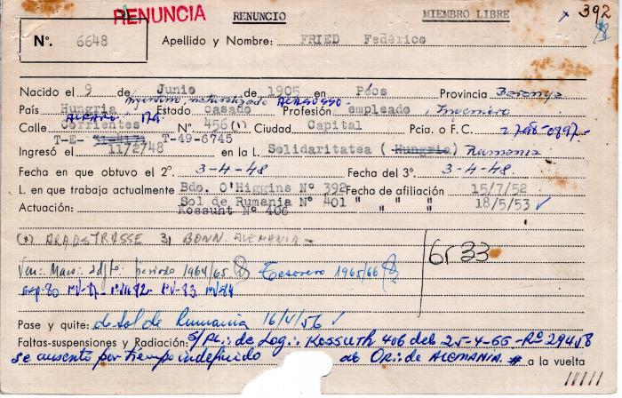 Ficha de miembro de Federico Fried.