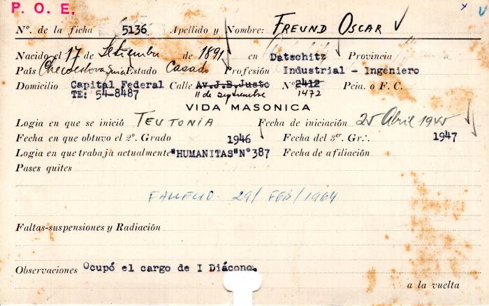 Ficha de miembro de Oscar Freund.