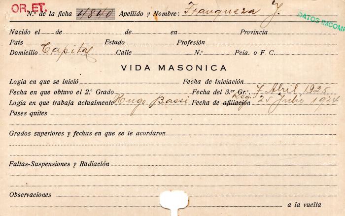Ficha de miembro de J. Franqueza.