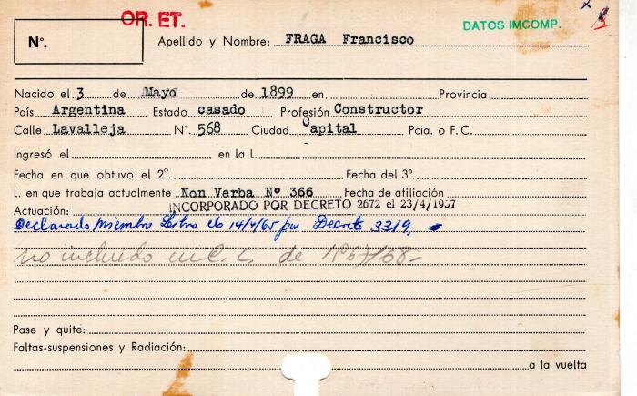 Ficha de miembro de Francisco Fraga.