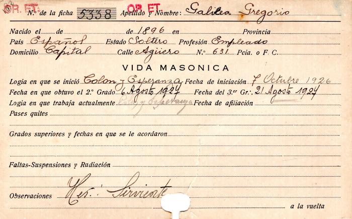 Ficha de miembro de Gregorio Galilea.