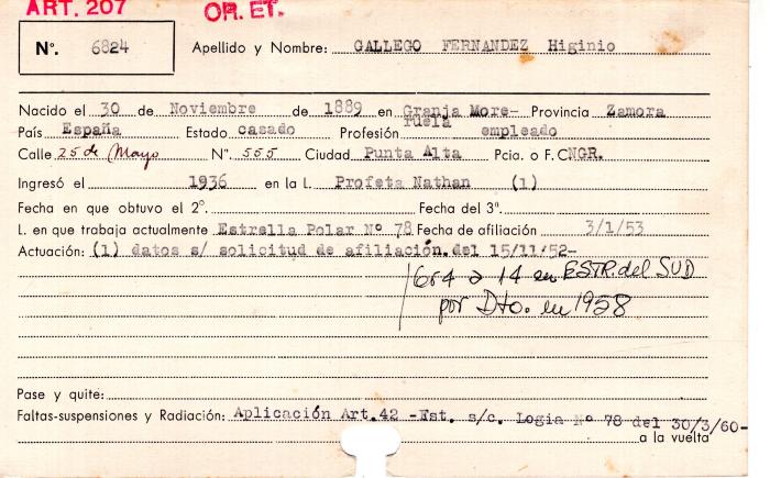 Ficha de miembro de Higinio Gallego Fernandez.