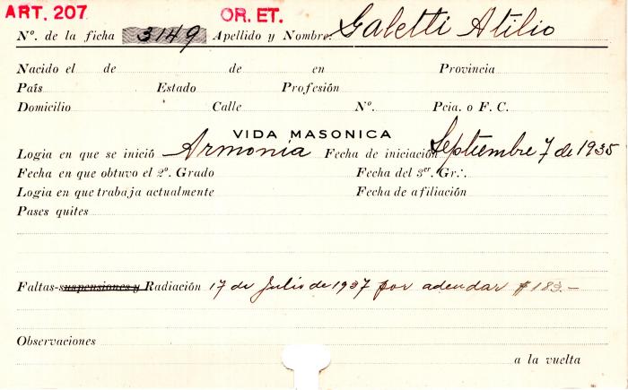 Ficha de miembro de Atilio Galetti.