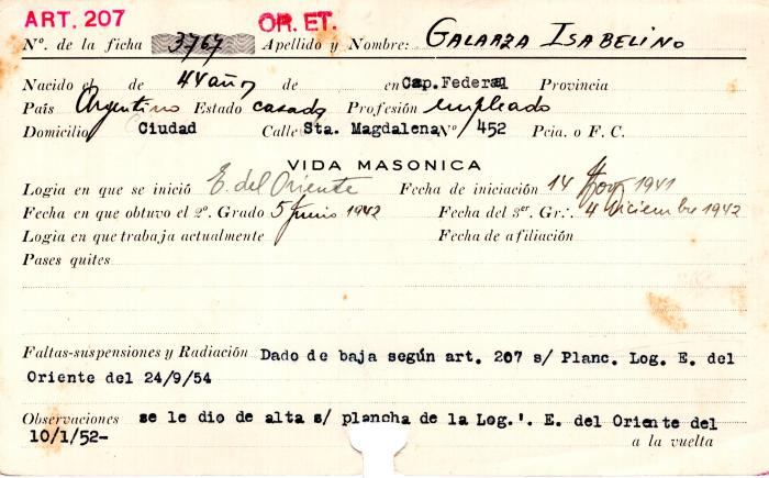Ficha de miembro de Isabelino Galarza.